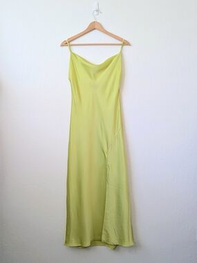 PAPER HEART Bias Cut Satin Cowl Slip Midi Dress in Chartreuse Size Small